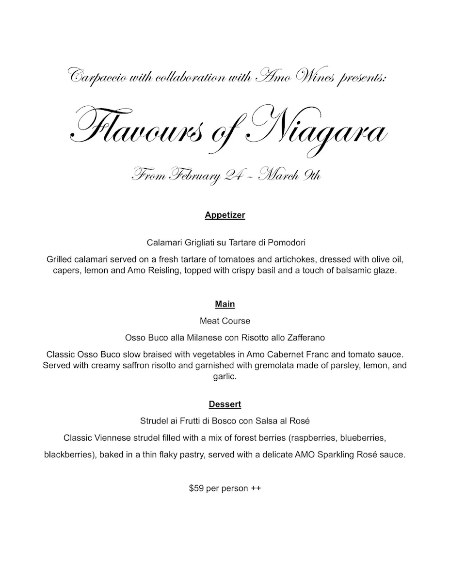 Menu, Carpaccio Restaurant Niagara