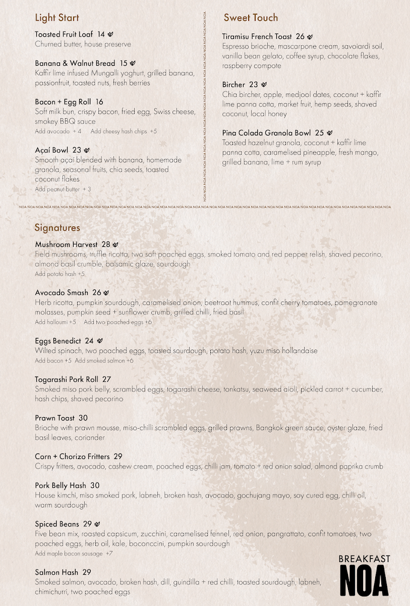 Menu, NOA Restaurant Cairns
