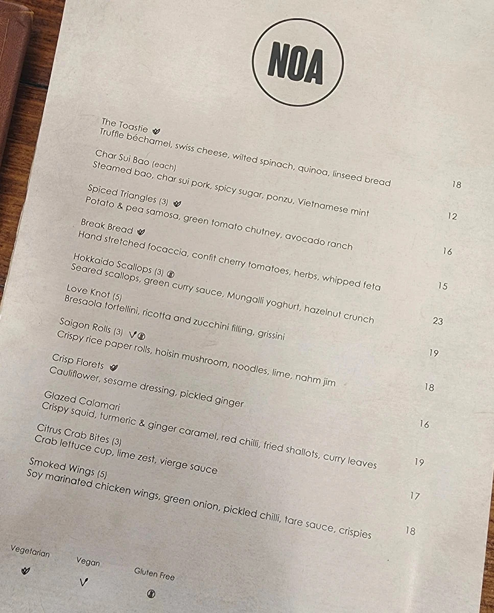 Menu, NOA Restaurant Cairns