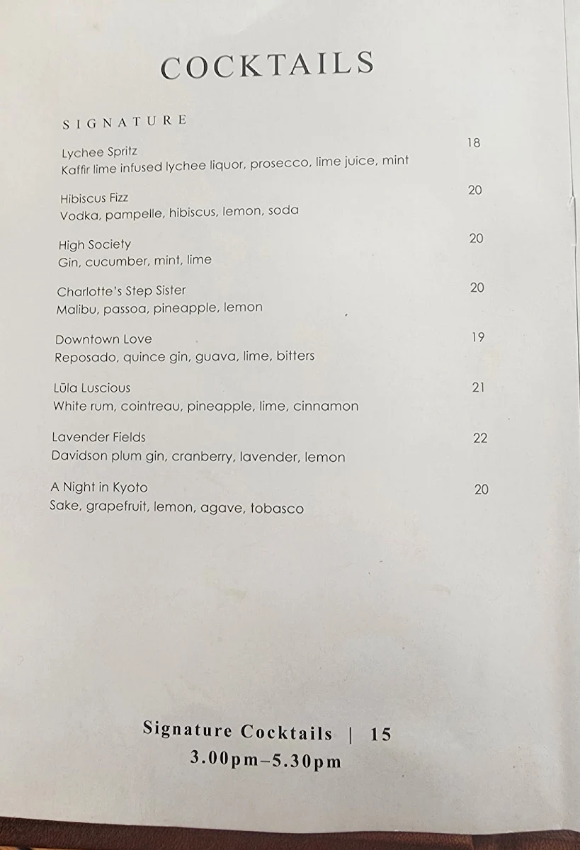 Menu, NOA Restaurant Cairns
