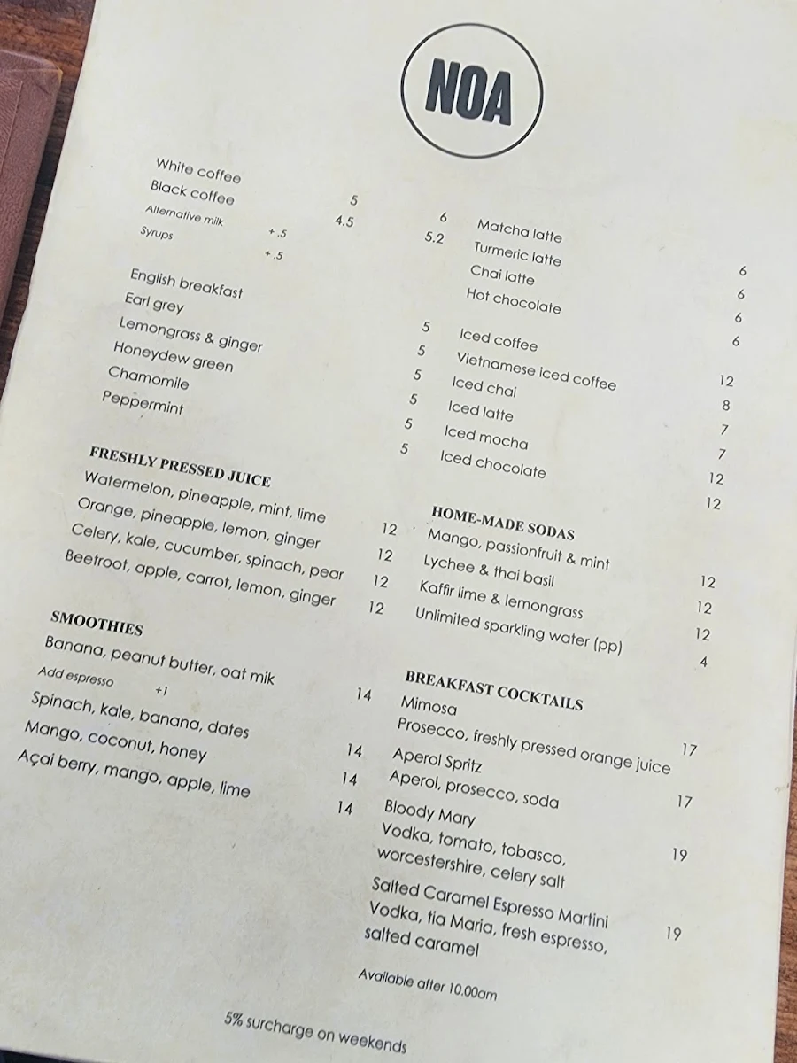Menu, NOA Restaurant Cairns