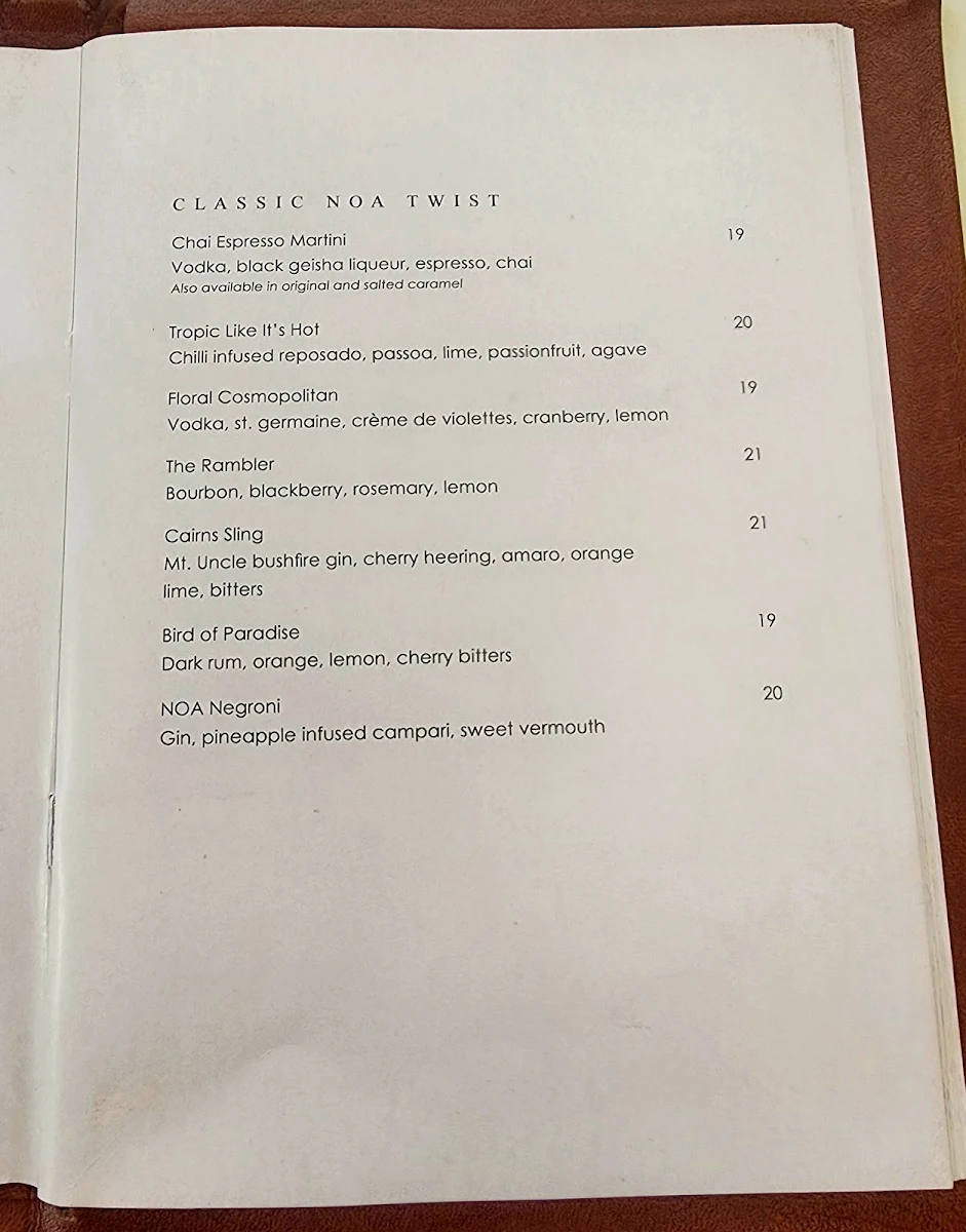 Menu, NOA Restaurant Cairns