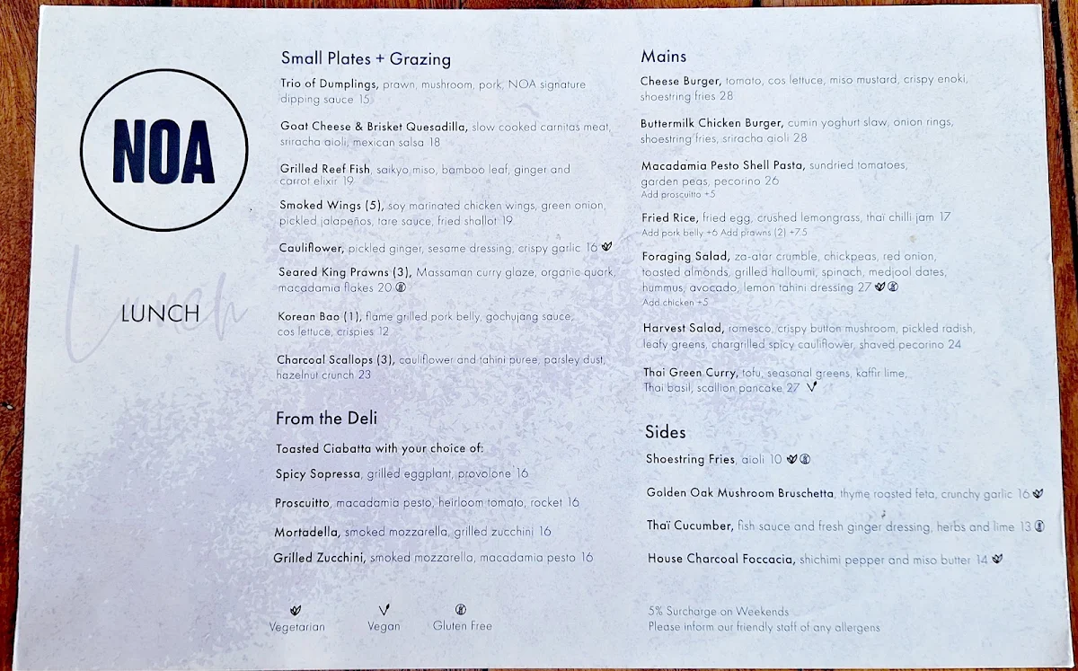 Menu, NOA Restaurant Cairns