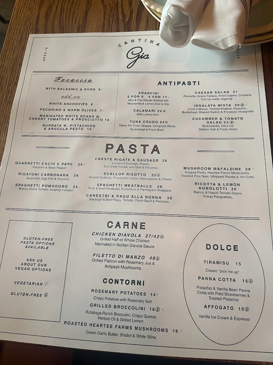 Menu, Cantina Gia