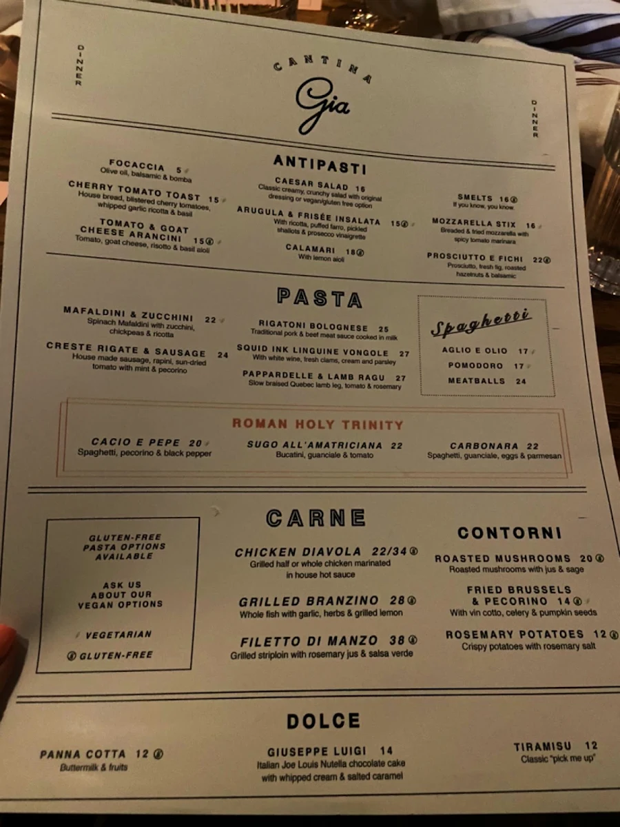 Menu, Cantina Gia