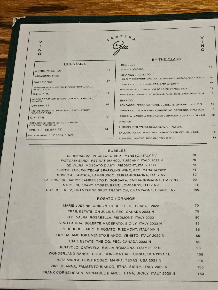 Menu, Cantina Gia