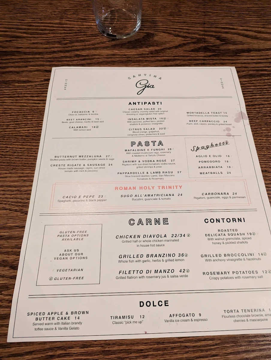 Menu, Cantina Gia