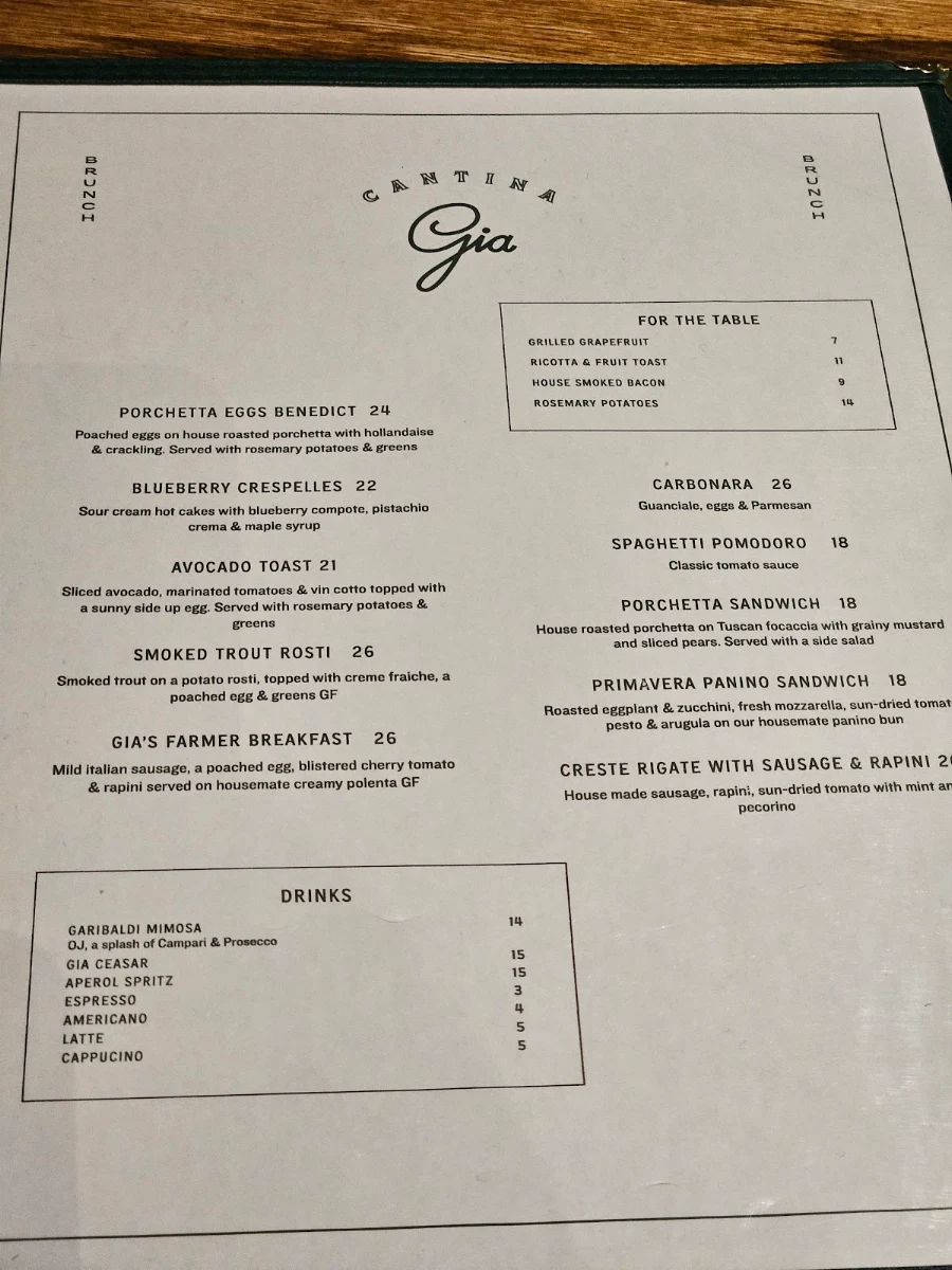 Menu, Cantina Gia