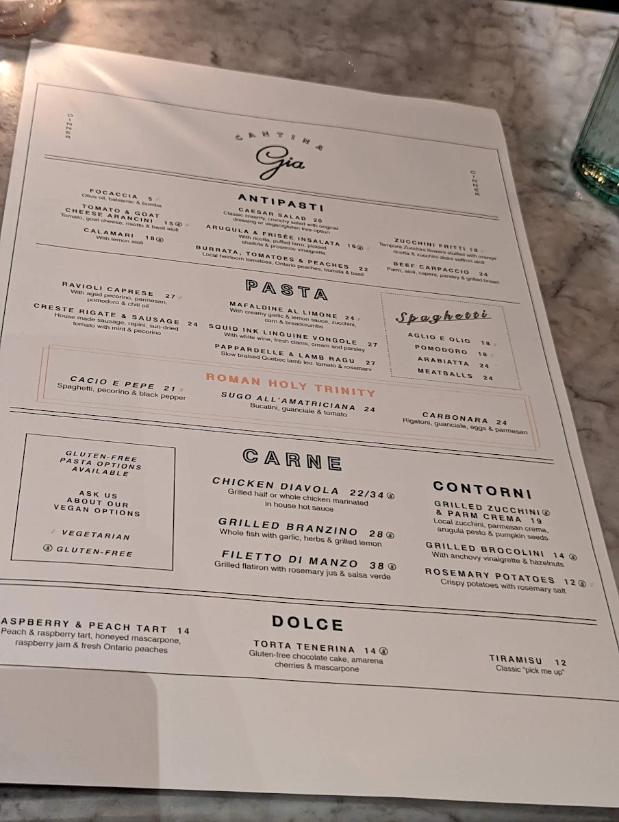 Menu, Cantina Gia