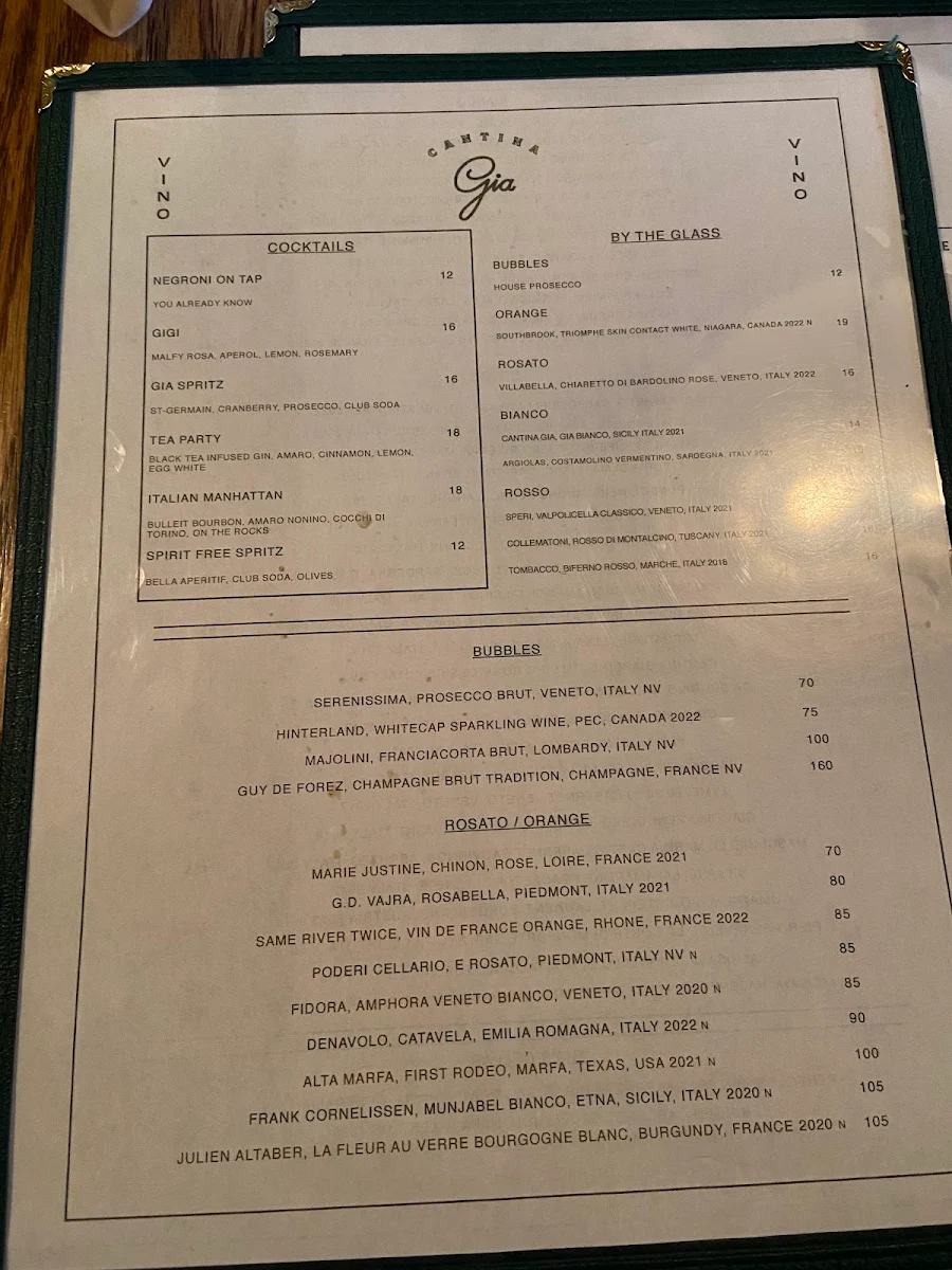Menu, Cantina Gia