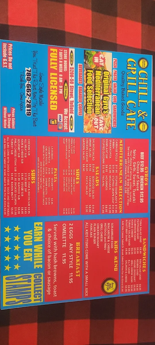Menu, Chill and Grill Family Restaurant