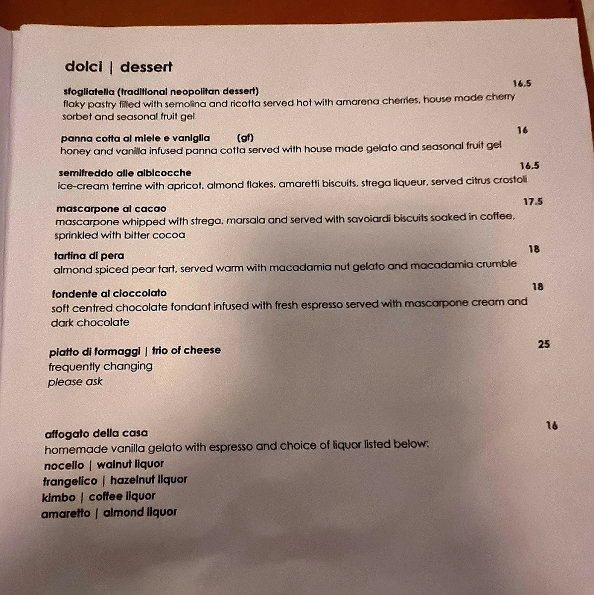 Menu, Ristorante Tartufo