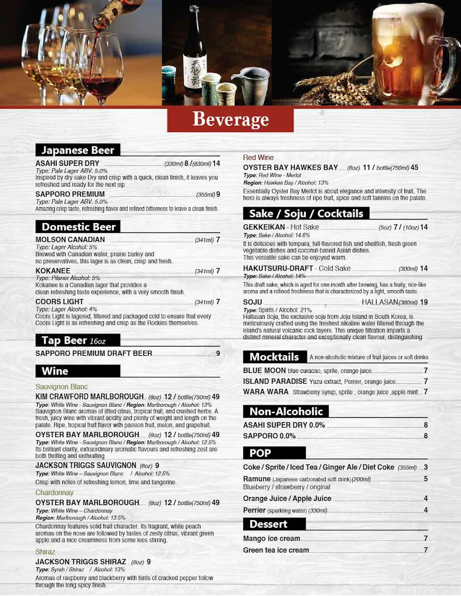 Menu, Sushi Wara