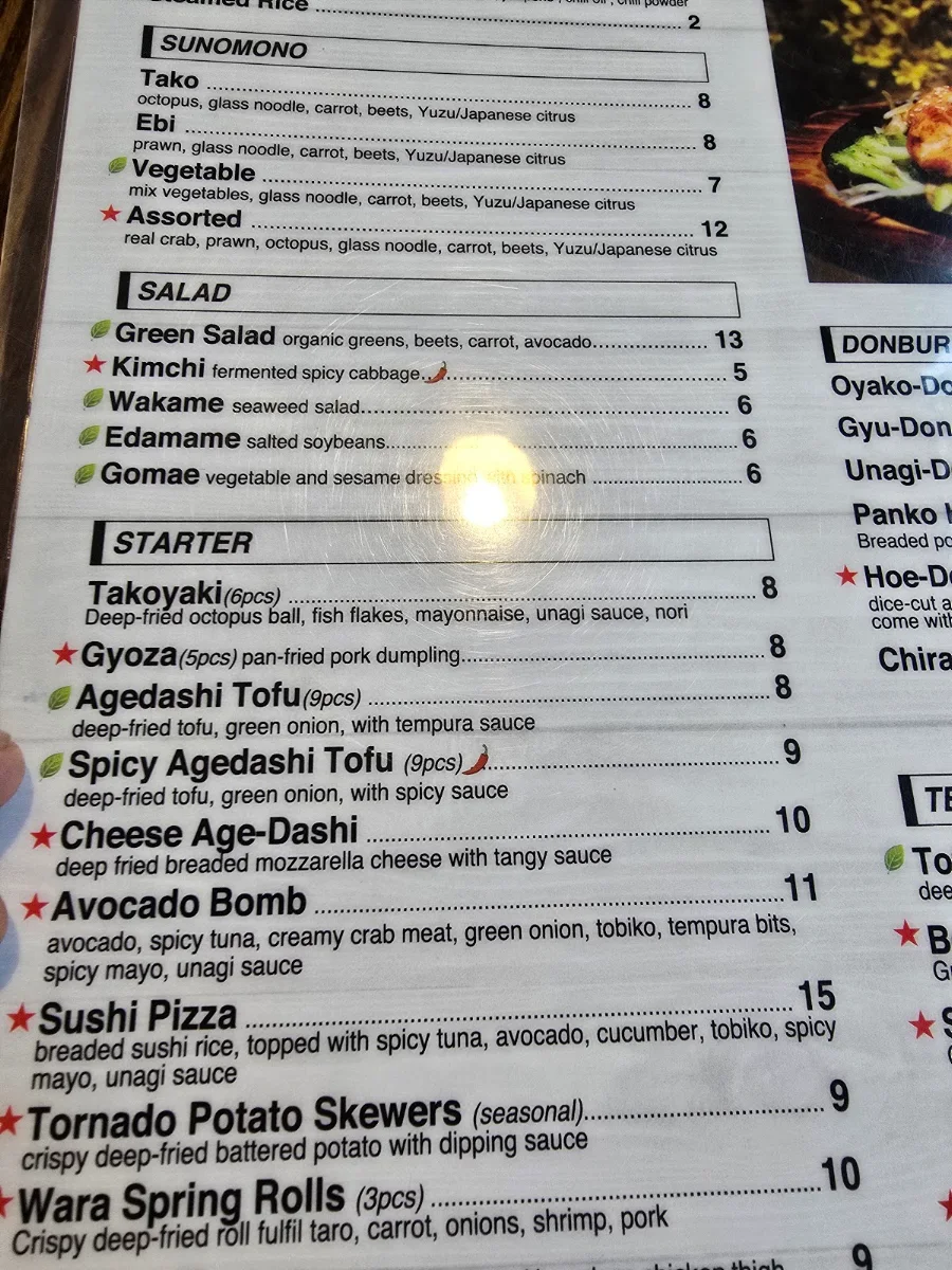 Menu, Sushi Wara