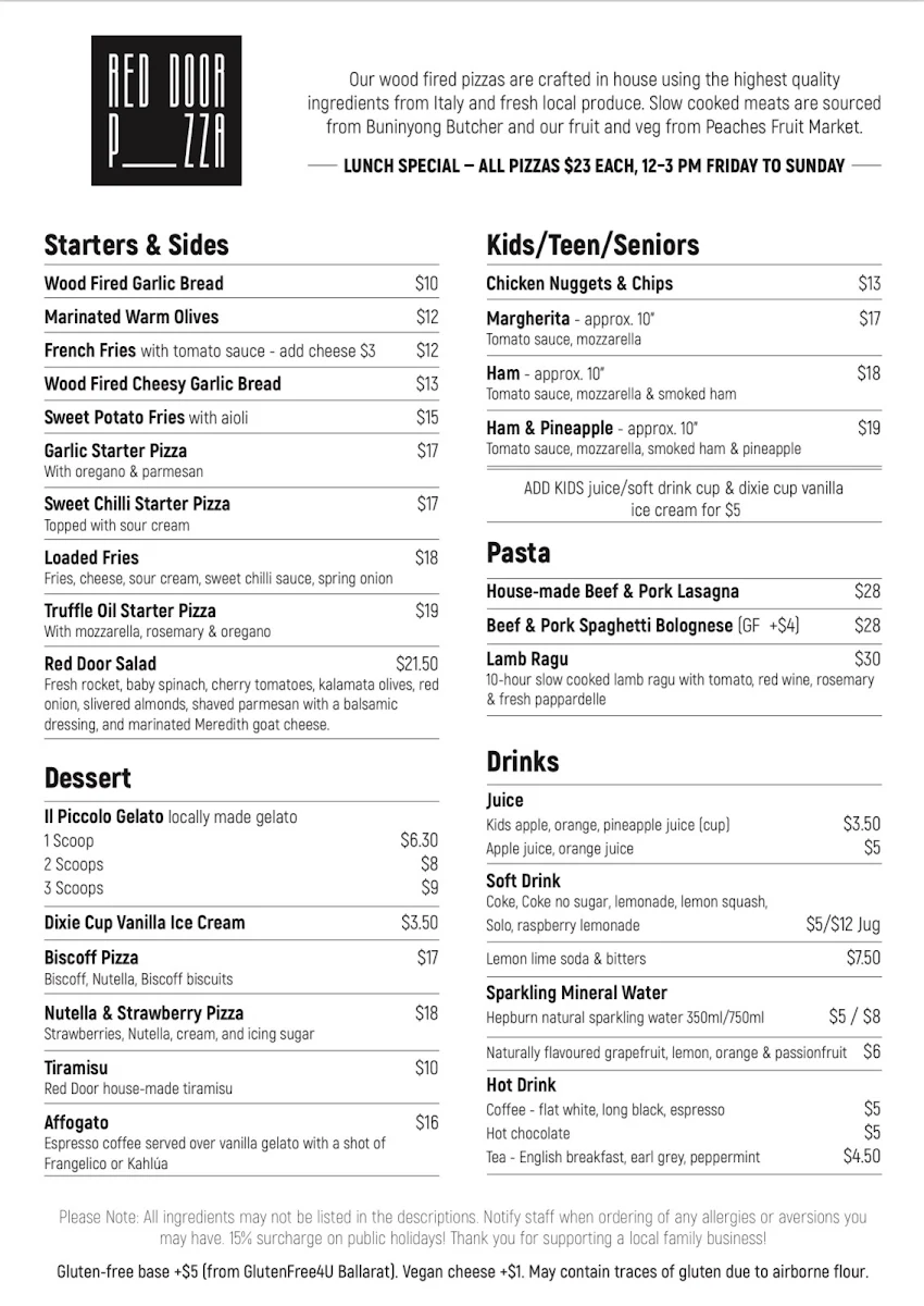 Menu, Red Door Pizza