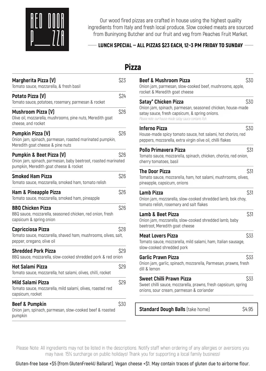 Menu, Red Door Pizza