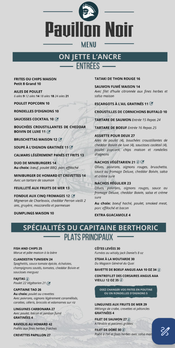 Menu, Au Pavillon Noir