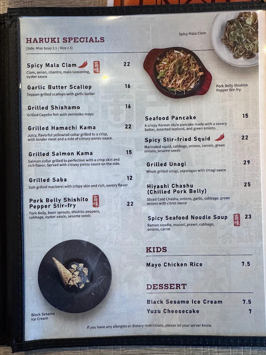 Menu, Haruki Japanese Bistro
