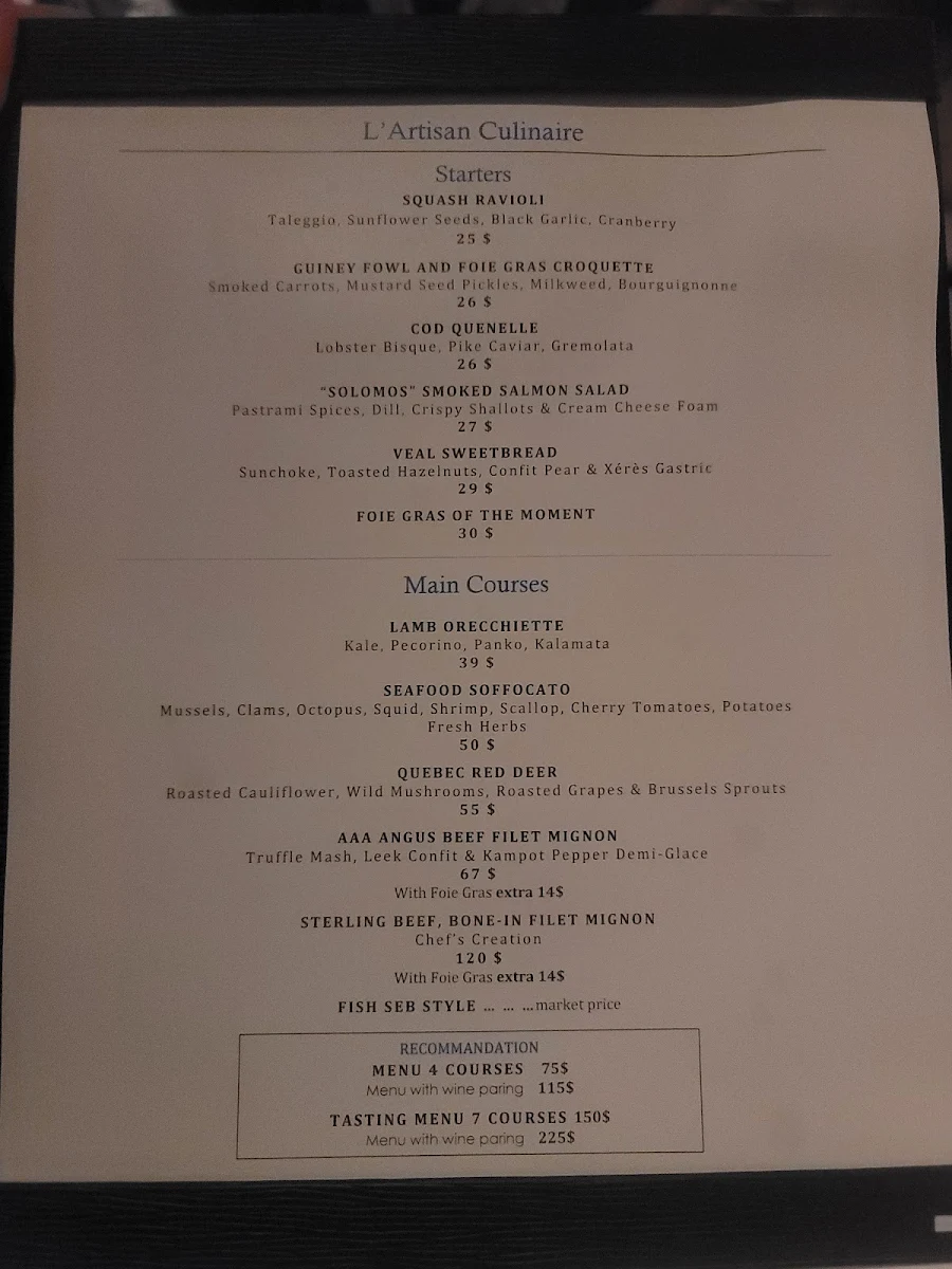 Menu, sEb L'artisan culinaire