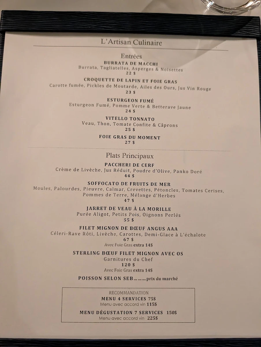 Menu, sEb L'artisan culinaire