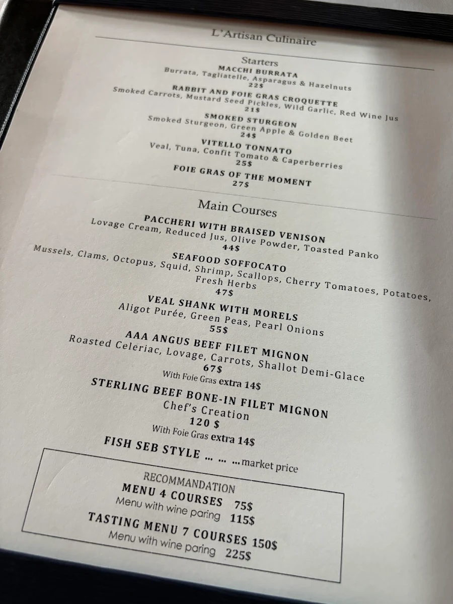 Menu, sEb L'artisan culinaire