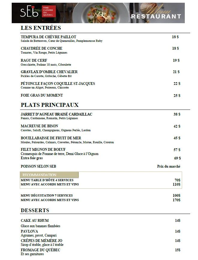 Menu, sEb L'artisan culinaire