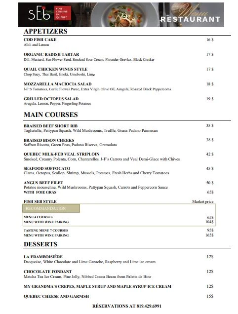 Menu, sEb L'artisan culinaire
