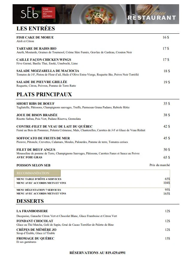 Menu, sEb L'artisan culinaire
