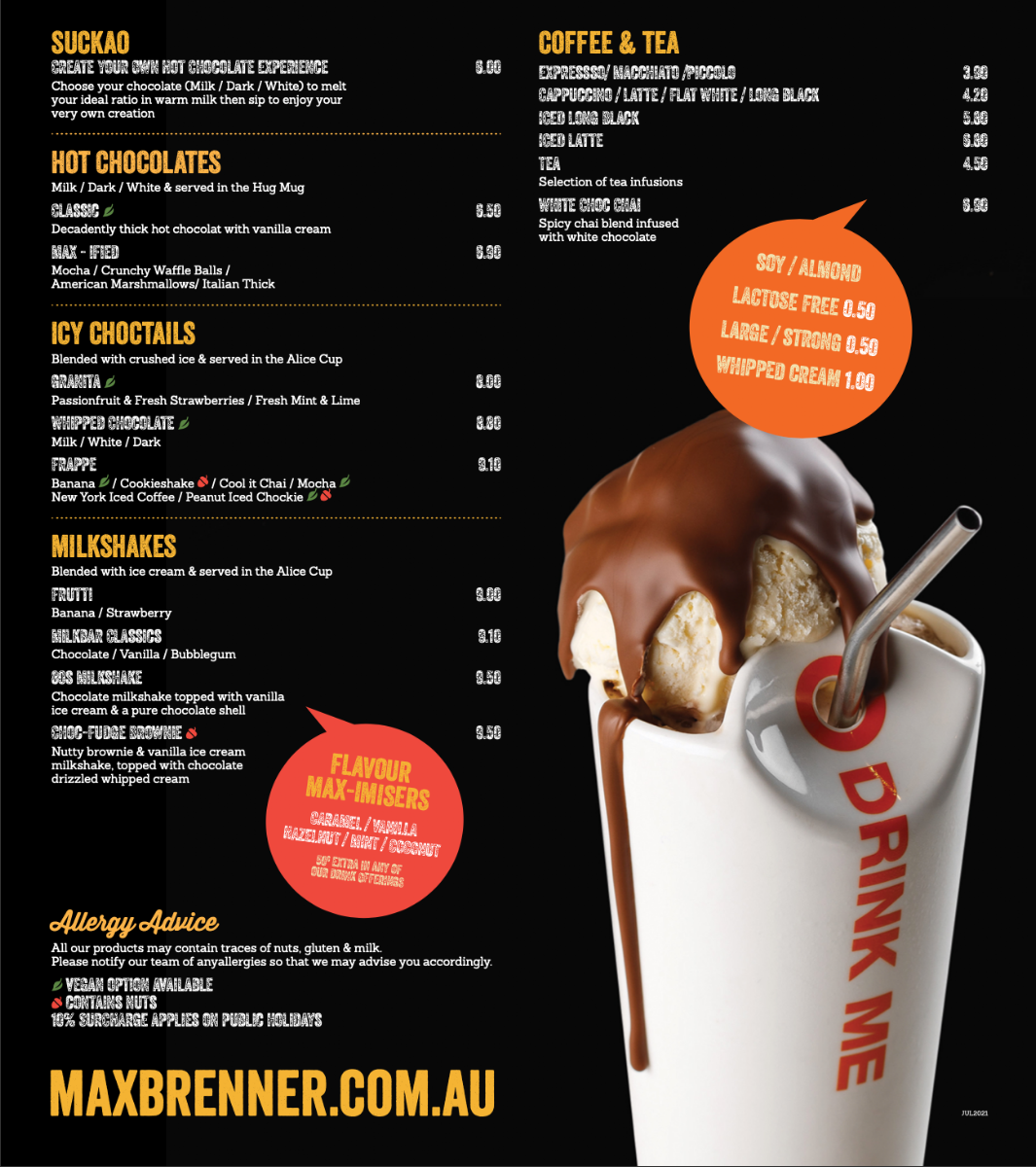 Menu, Max Brenner - Parramatta