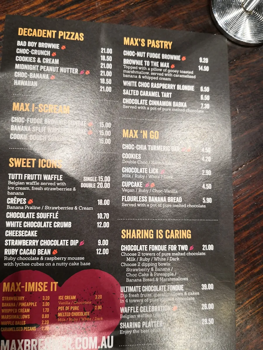 Menu, Max Brenner - Parramatta