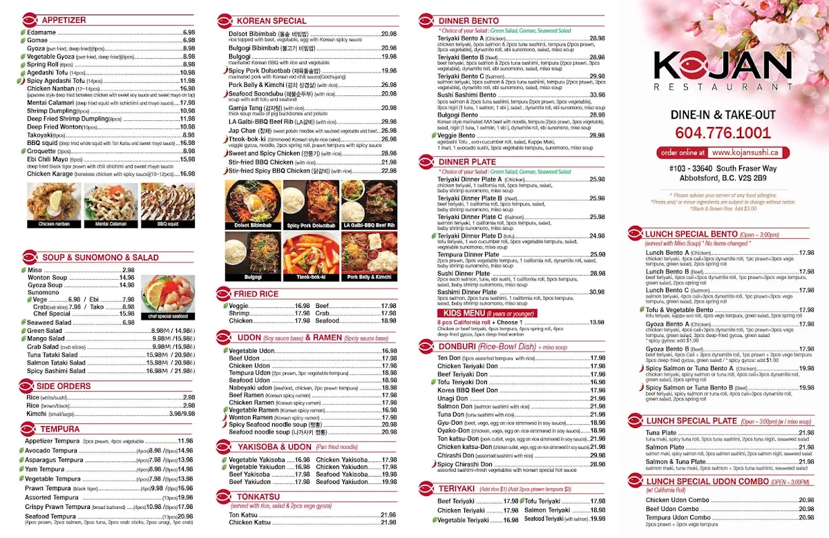 Menu, Kojan Sushi & Korean Food