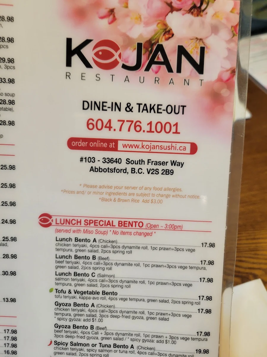 Menu, Kojan Sushi & Korean Food