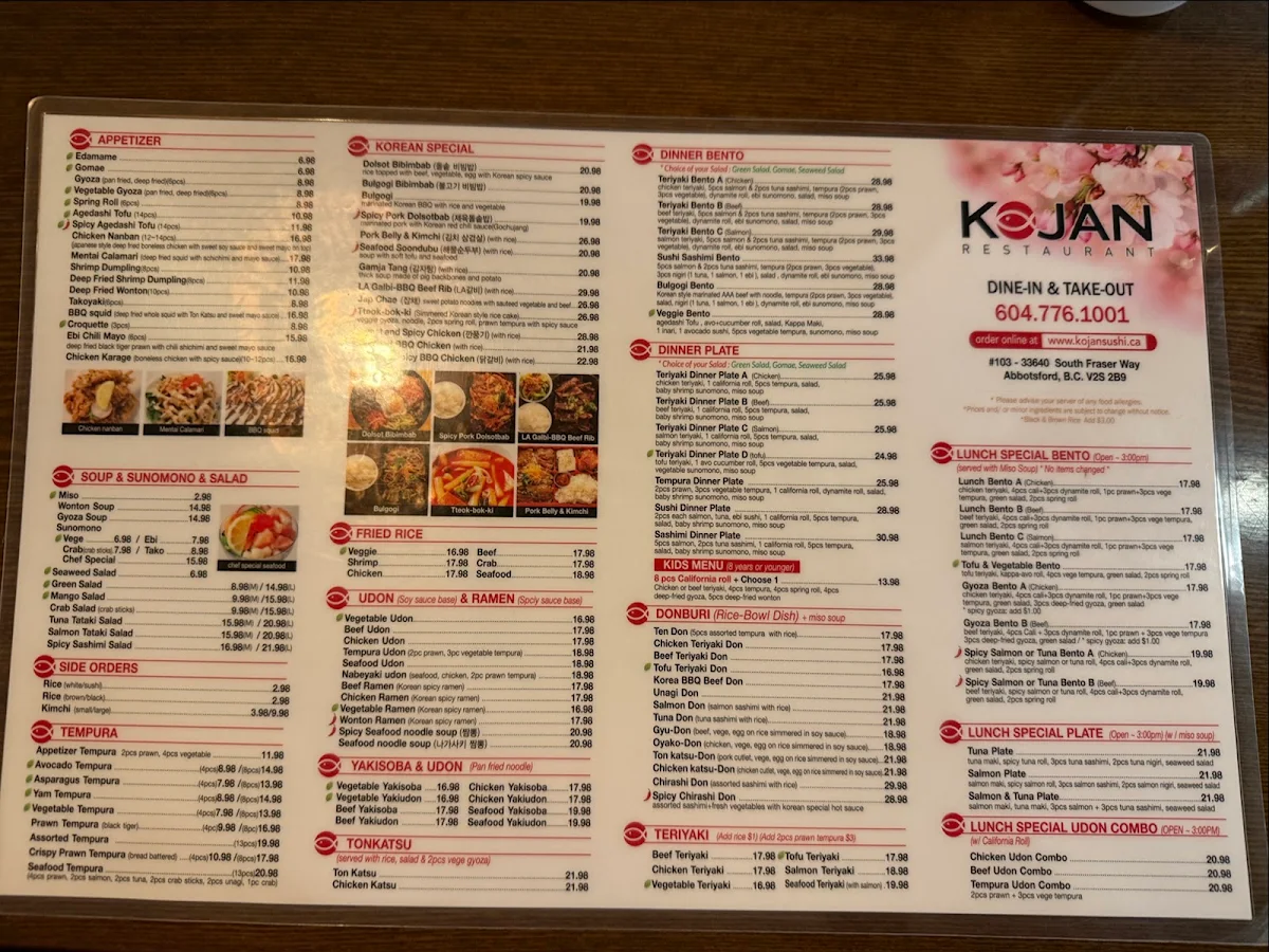 Menu, Kojan Sushi & Korean Food