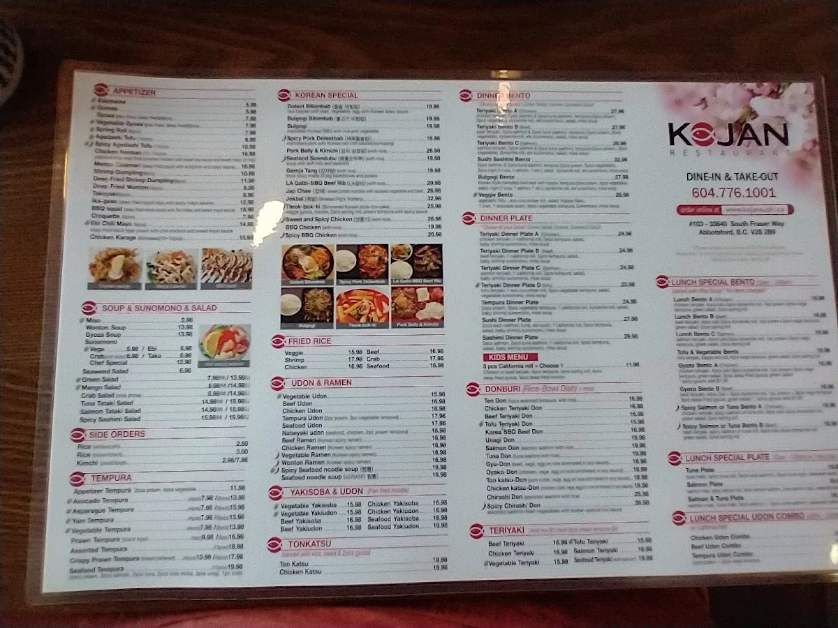 Menu, Kojan Sushi & Korean Food