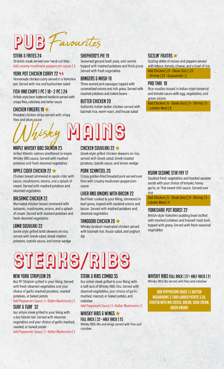 Menu, Whisky John's Oshawa