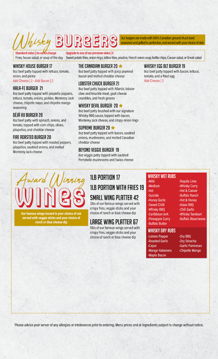 Menu, Whisky John's Oshawa