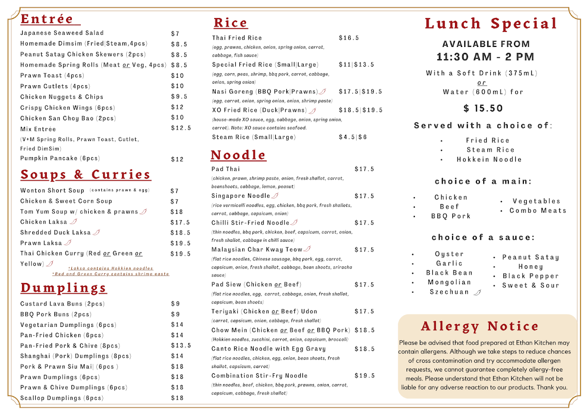 Menu, Ethan Kitchen