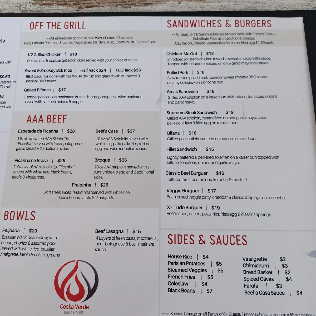 Menu, Costa Verde B.B.Q. & Portuguese Grill House
