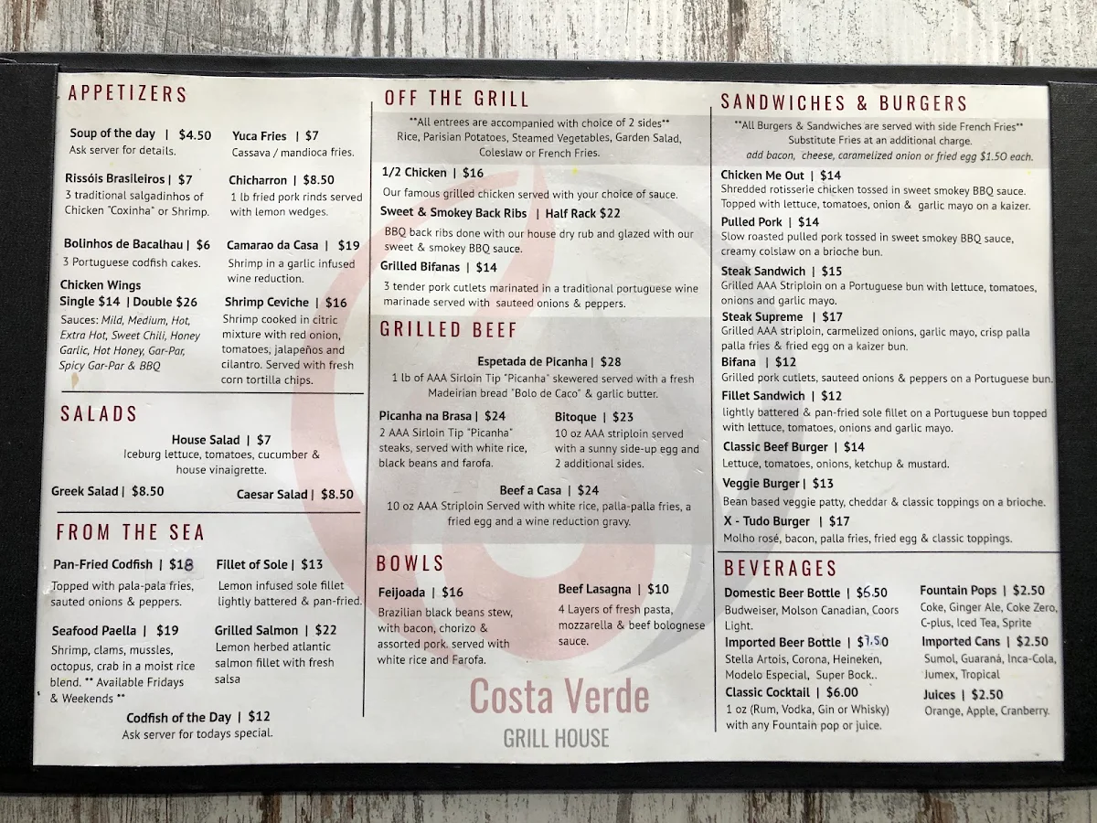 Menu, Costa Verde B.B.Q. & Portuguese Grill House