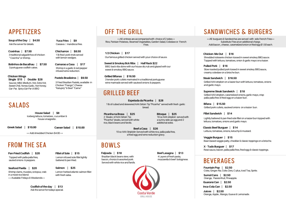 Menu, Costa Verde B.B.Q. & Portuguese Grill House