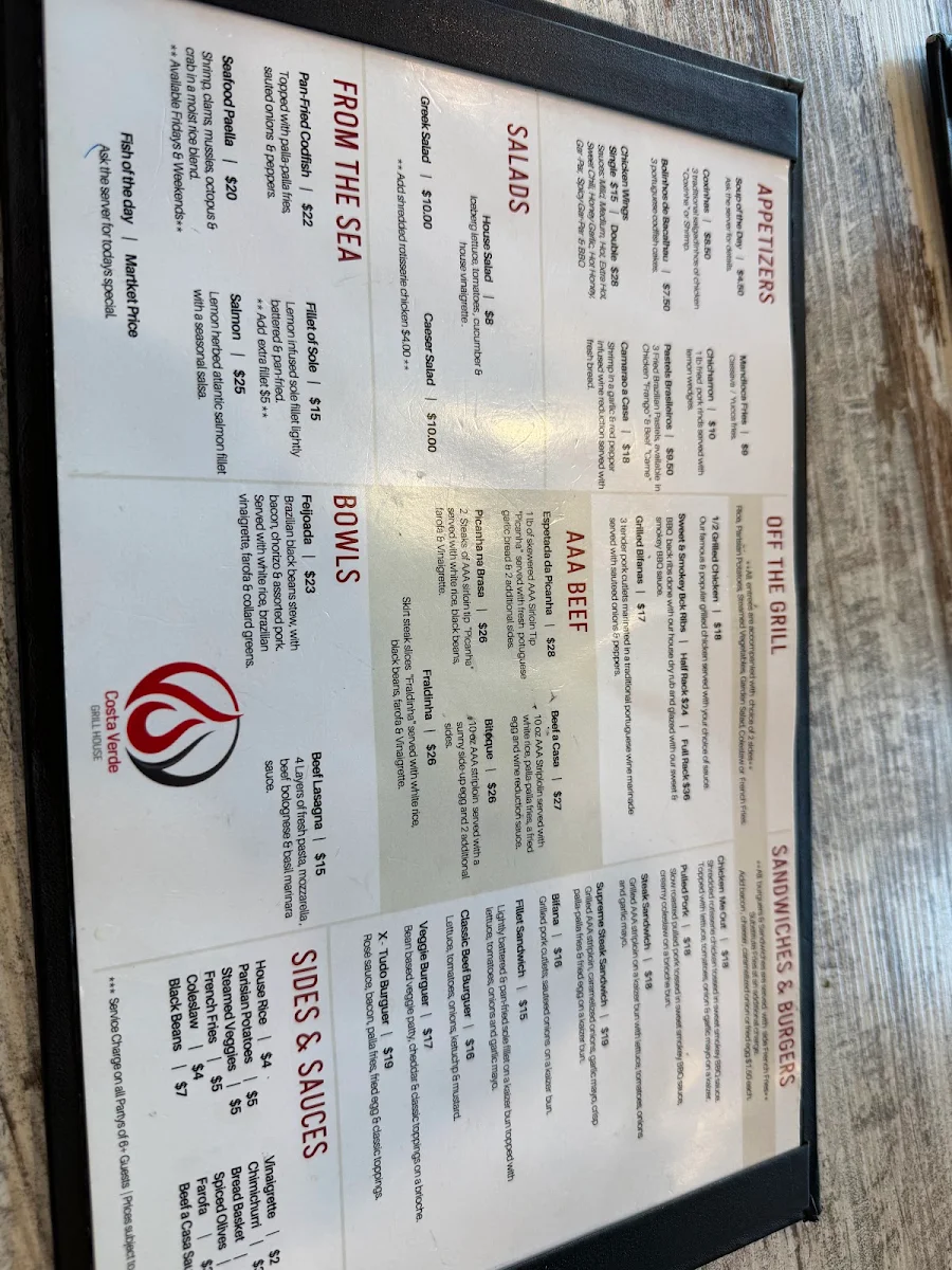 Menu, Costa Verde B.B.Q. & Portuguese Grill House