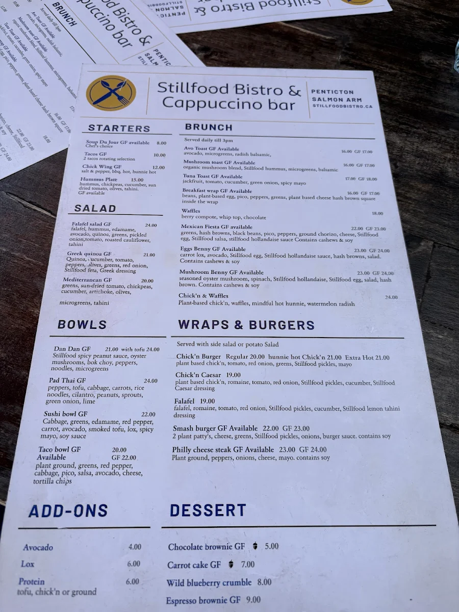 Menu, Stillfood Bistro & Cappuccino Bar