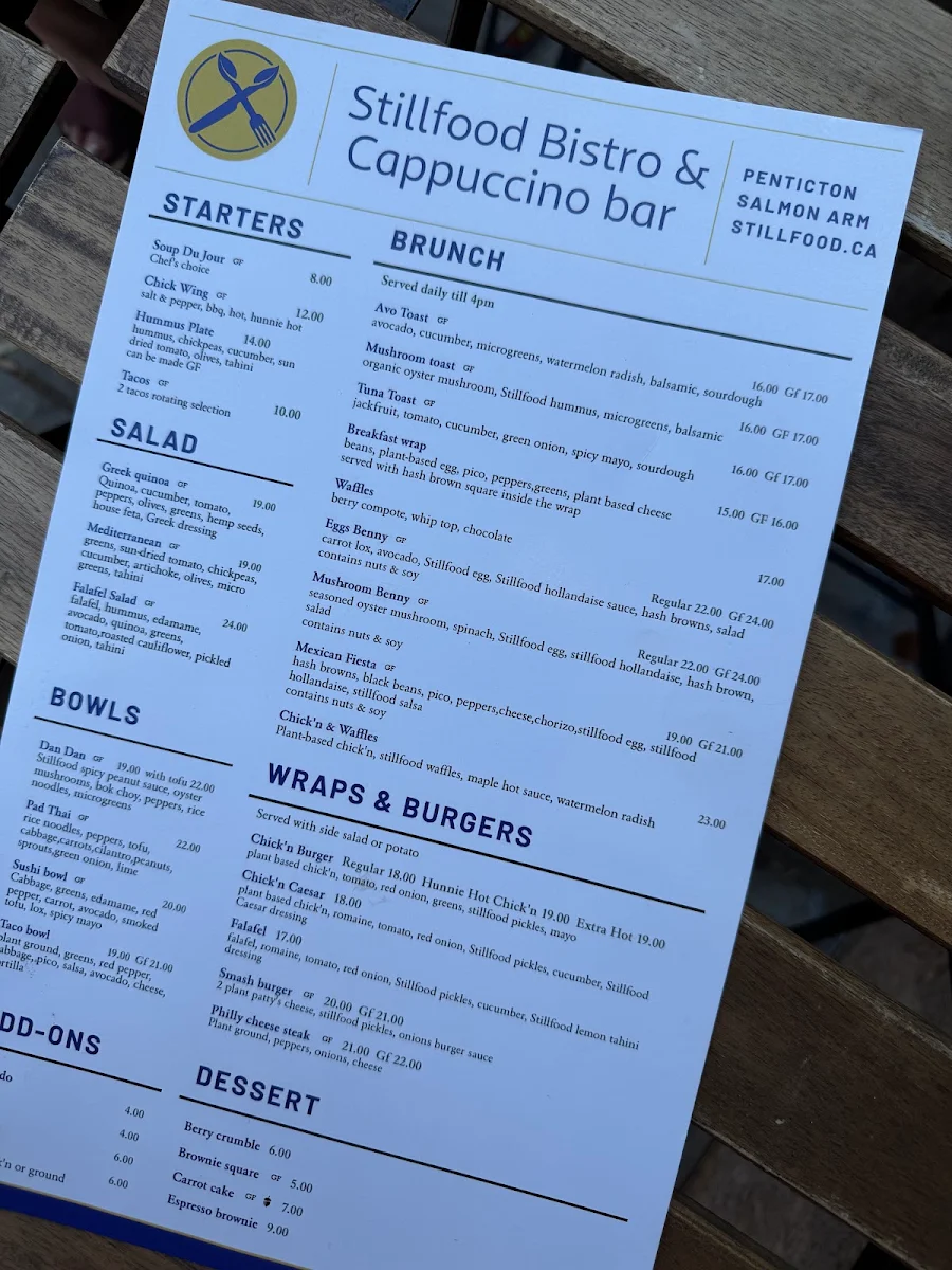 Menu, Stillfood Bistro & Cappuccino Bar