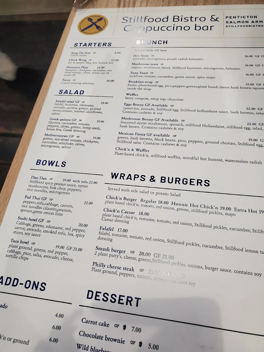 Menu, Stillfood Bistro & Cappuccino Bar