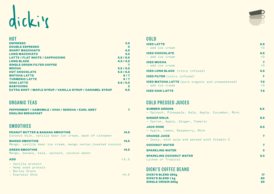 Menu, Dicki's New Farm
