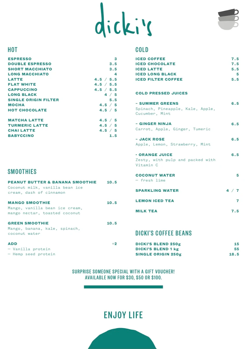 Menu, Dicki's New Farm