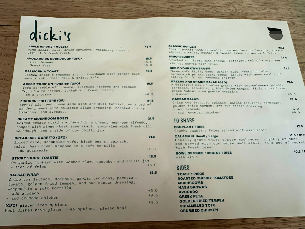 Menu, Dicki's New Farm