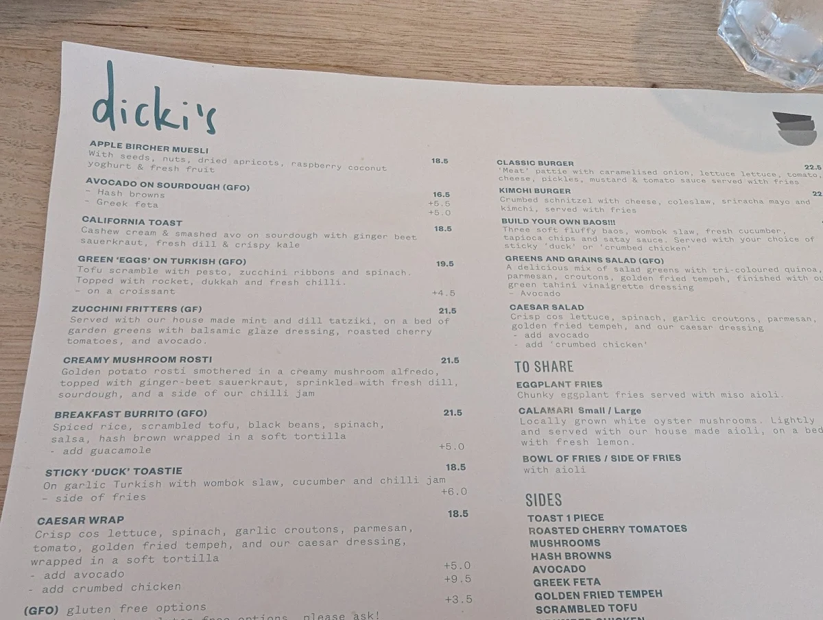 Menu, Dicki's New Farm