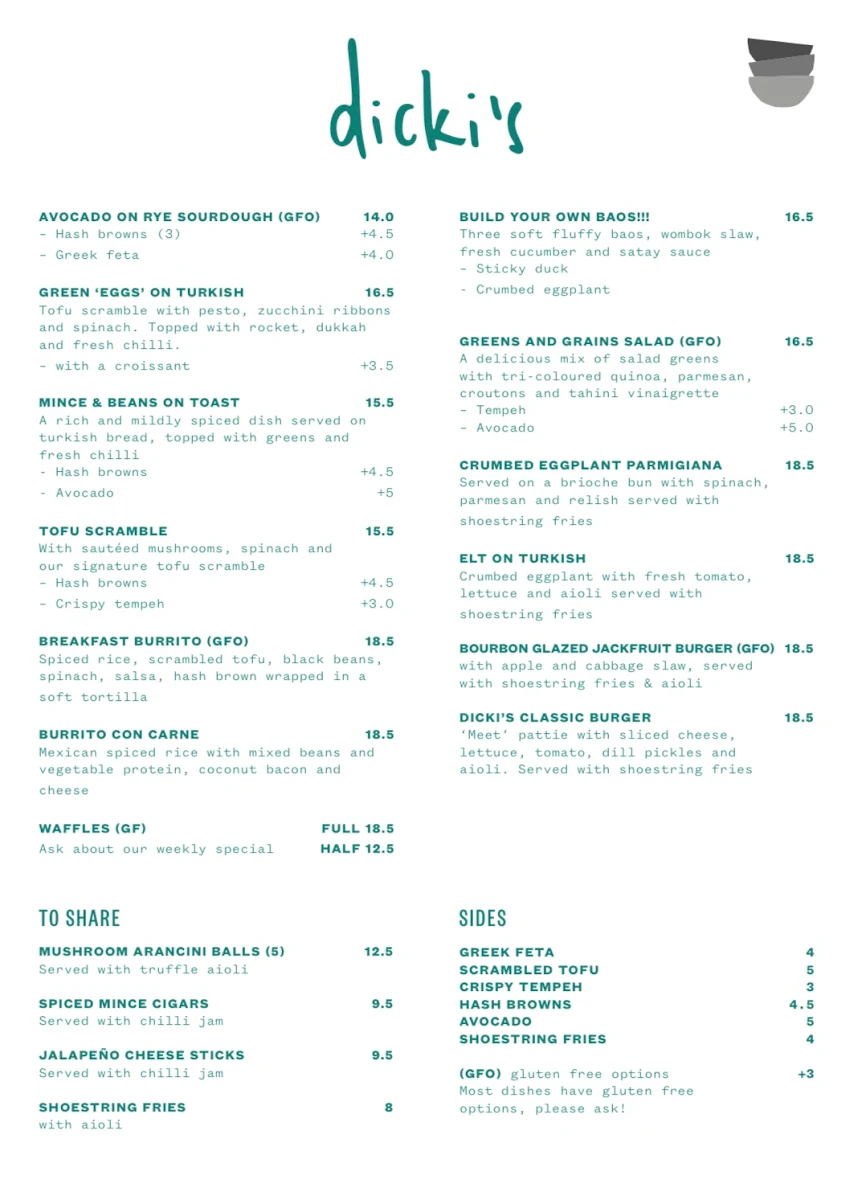 Menu, Dicki's New Farm