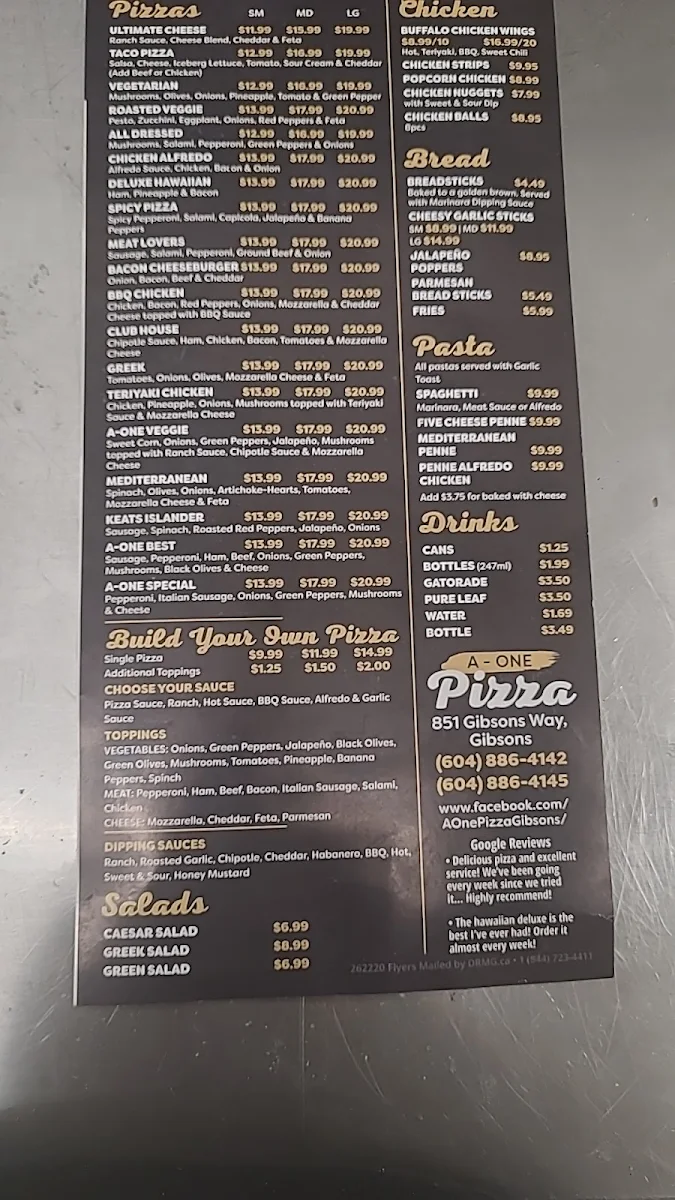 Menu, A-One Pizza